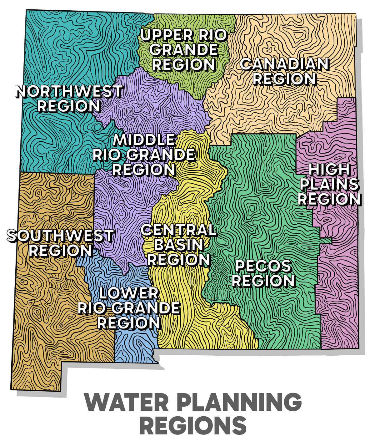 Northwest Region, Upper Rio Grande Region, Middle Rio Grande Region, Lower Rio Grande Region, Canadian Region, High Plains Region, Southwest Region, Central Basin Region
